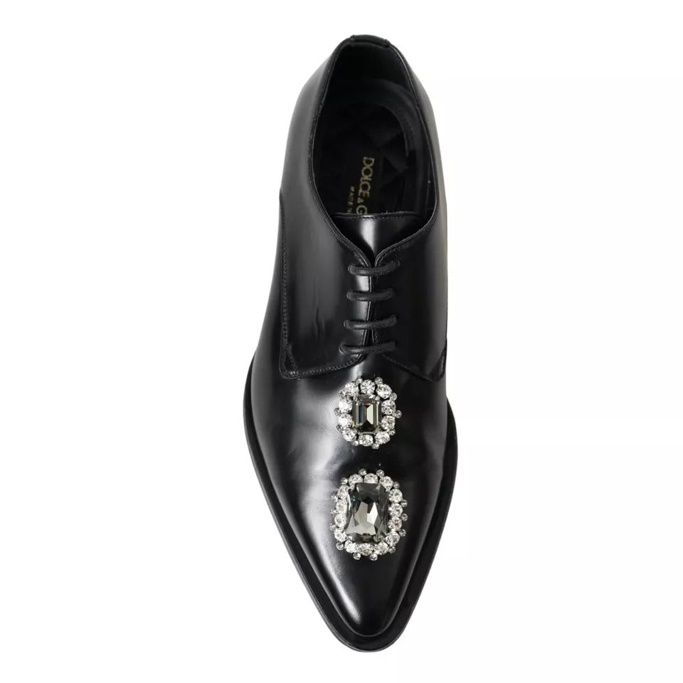 Dolce &amp; Gabbana Black Leather Crystal Lace-Up Formal Shoes