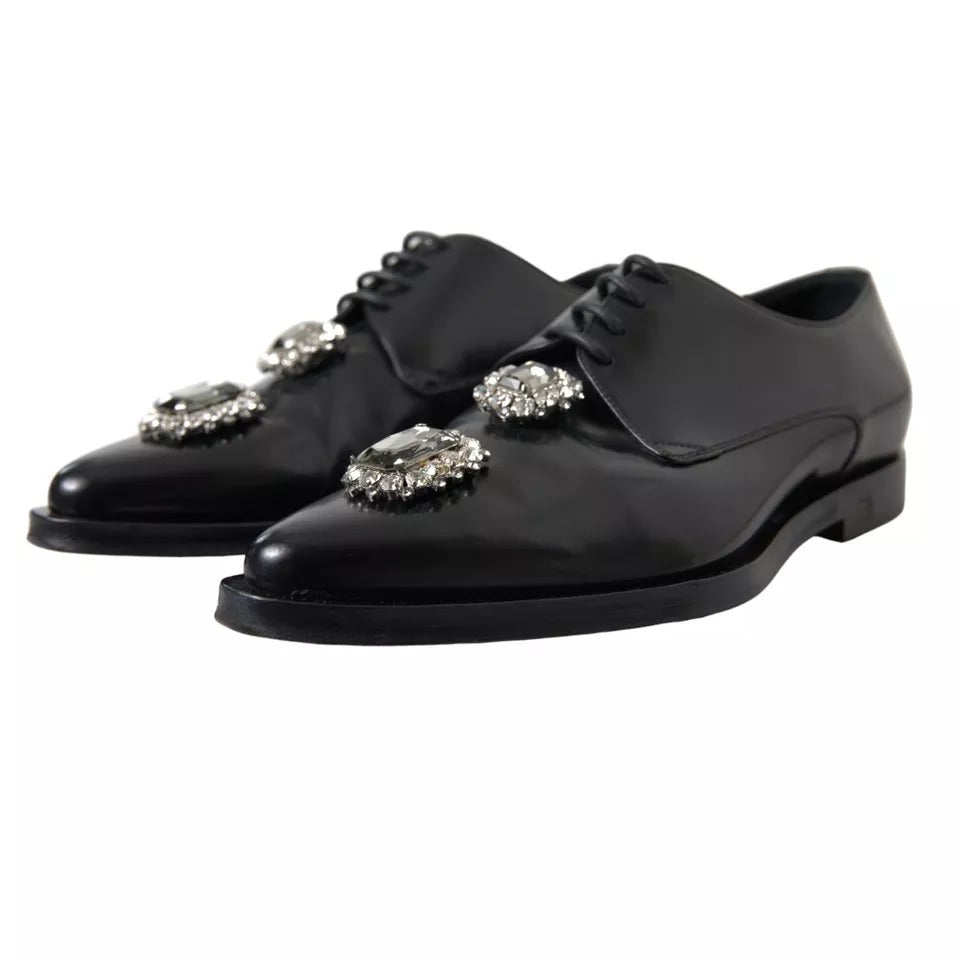 Dolce &amp; Gabbana Black Leather Crystal Lace-Up Formal Shoes