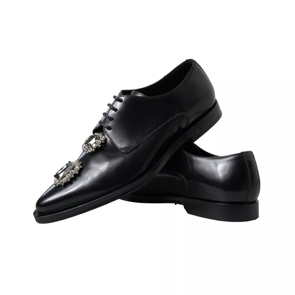 Dolce &amp; Gabbana Black Leather Crystal Lace-Up Formal Shoes