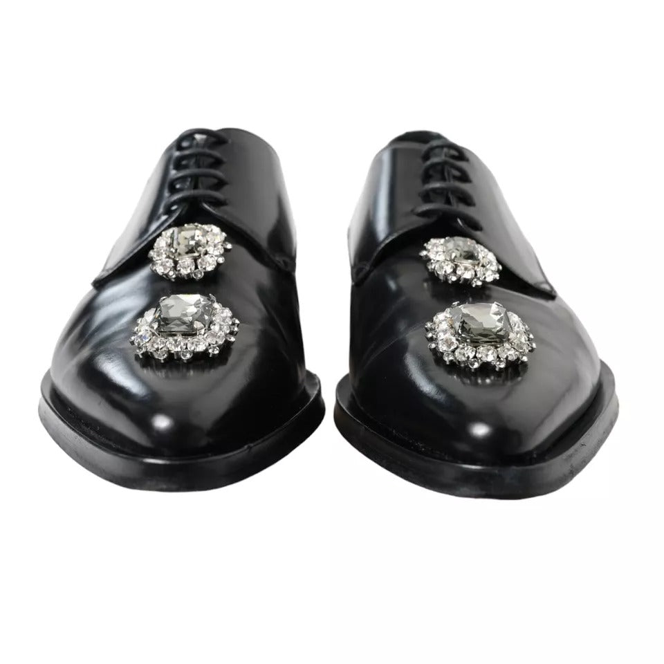 Dolce &amp; Gabbana Black Leather Crystal Lace-Up Formal Shoes