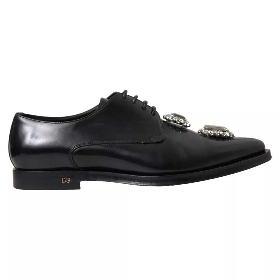 Dolce &amp; Gabbana Black Leather Crystal Lace-Up Formal Shoes