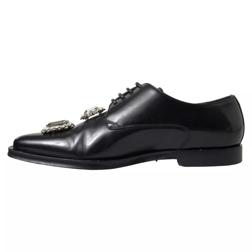 Dolce &amp; Gabbana Black Leather Crystal Lace-Up Formal Shoes