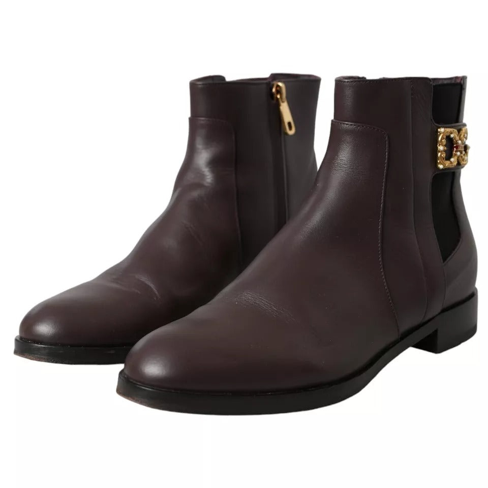 Dolce &amp; Gabbana Brown Leather AMORE Flats Ankle Boots Shoes