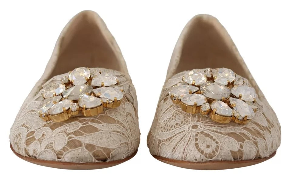 Dolce &amp; Gabbana Beige Lace Crystal Ballet Flats Loafers Shoes