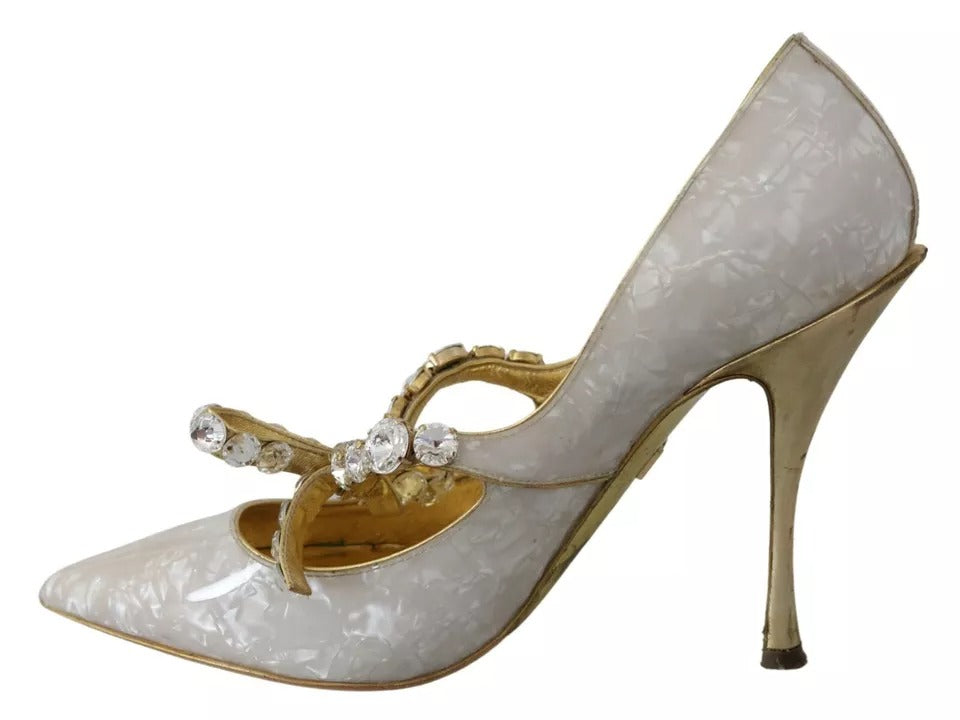 Dolce &amp; Gabbana White Crystal Bow Pearl Mary Jane Pumps Shoes