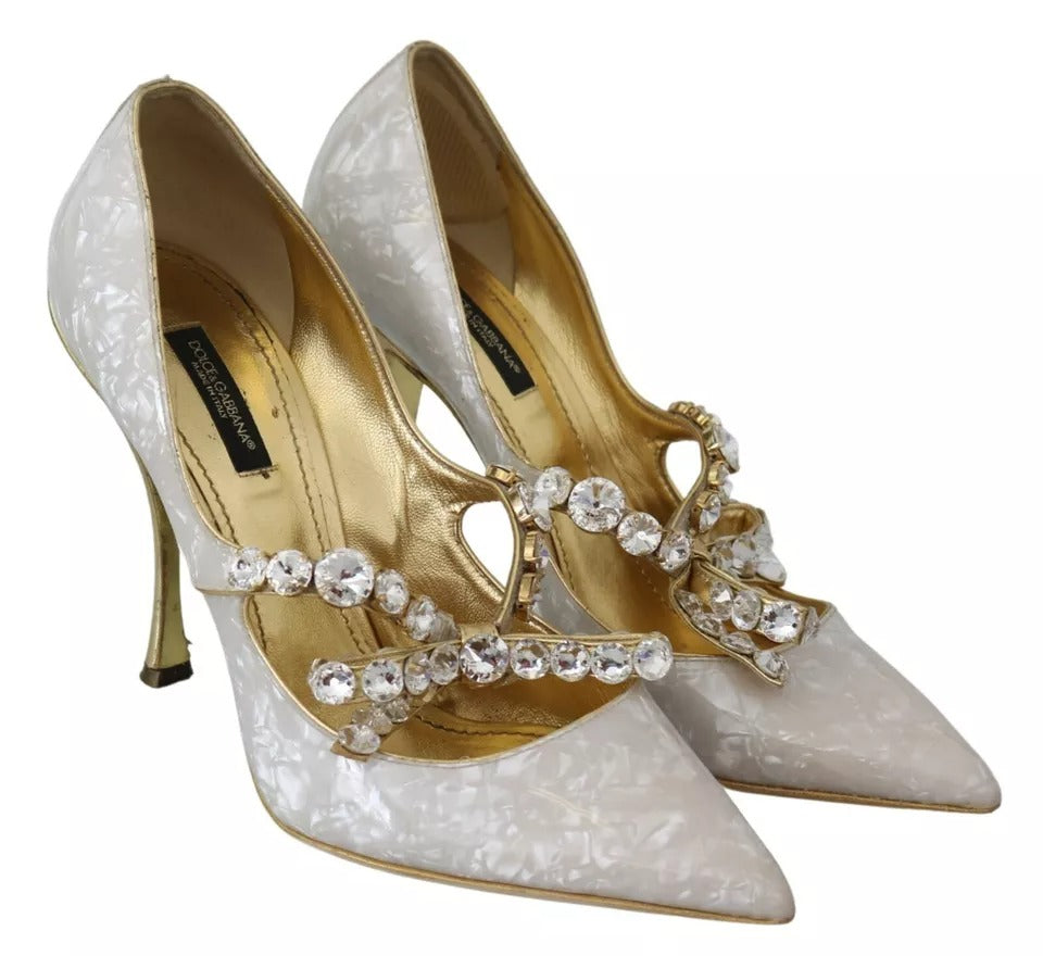 Dolce &amp; Gabbana White Crystal Bow Pearl Mary Jane Pumps Shoes