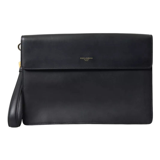 Dolce &amp; Gabbana Black Calfskin Large Logo Document Holder Clutch Men's Bag