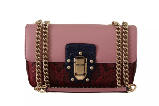 Dolce &amp; Gabbana Pink Red Exotic Skins Gold Chain Wallet LUCIA Leather Bag