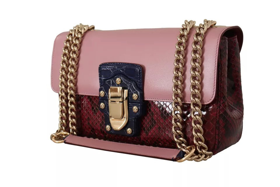 Dolce &amp; Gabbana Pink Red Exotic Skins Gold Chain Wallet LUCIA Leather Bag