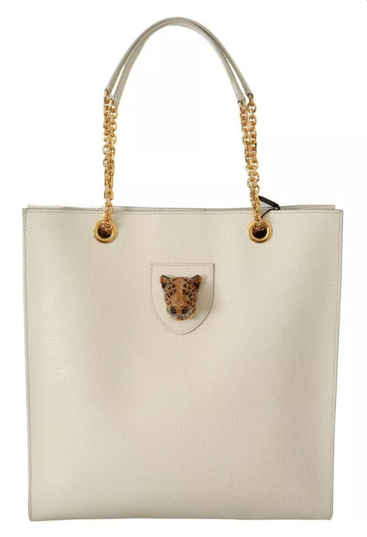 Dolce &amp; Gabbana JUNGLE leather tote bag with white crystal leopard head