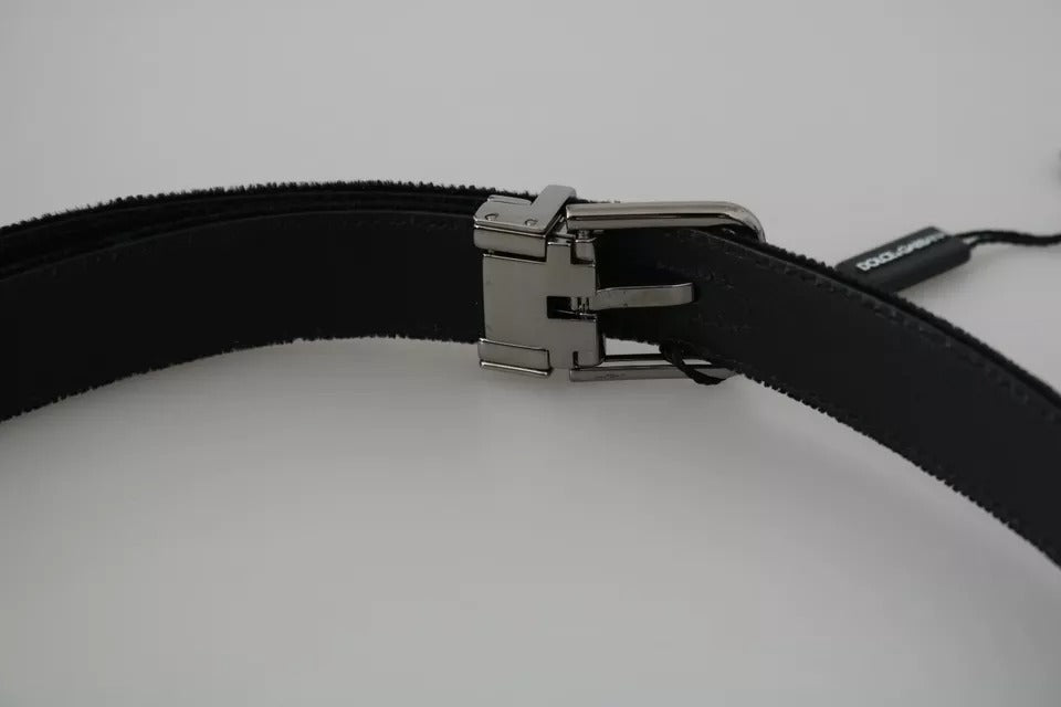 Dolce &amp; Gabbana Black Velvet Leather Belt with Silver Buckle