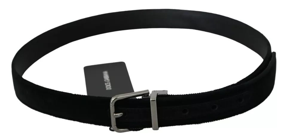 Dolce &amp; Gabbana Black Velvet Leather Belt with Silver Buckle