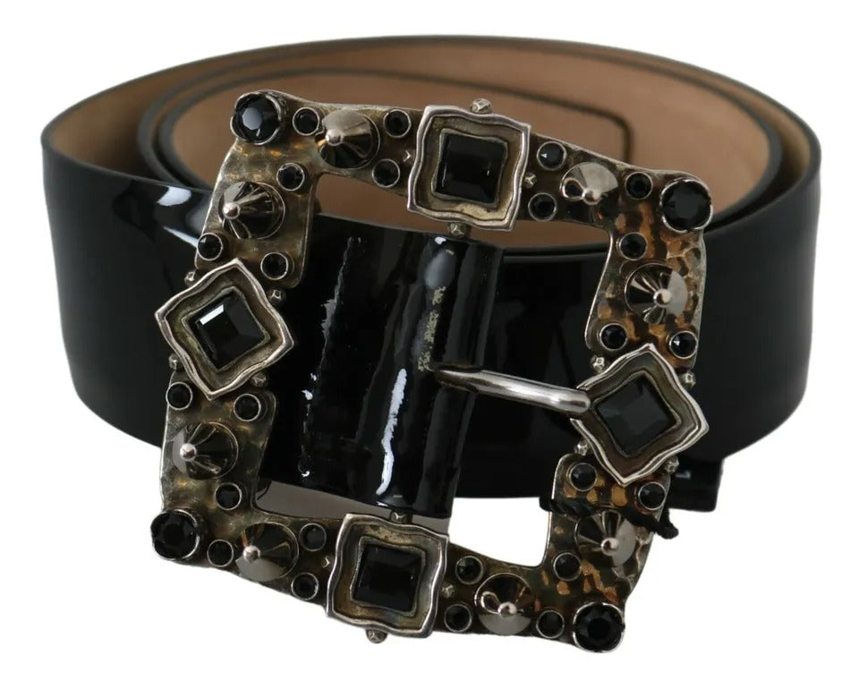 Dolce &amp; Gabbana Black shiny leather belt with crystal logo buckle