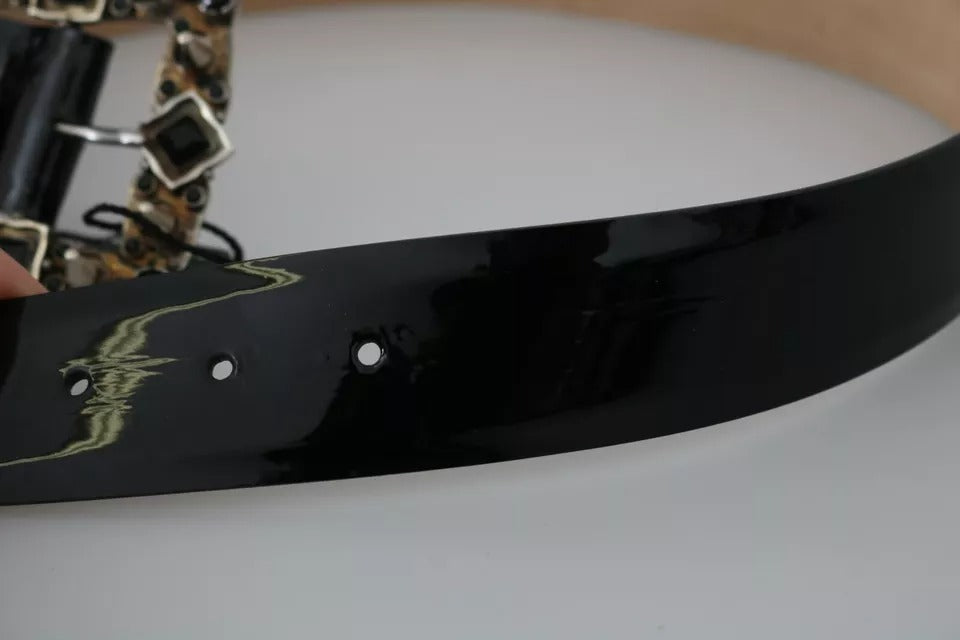 Dolce &amp; Gabbana Black shiny leather belt with crystal logo buckle