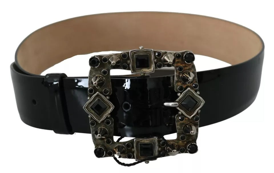 Dolce &amp; Gabbana Black shiny leather belt with crystal logo buckle