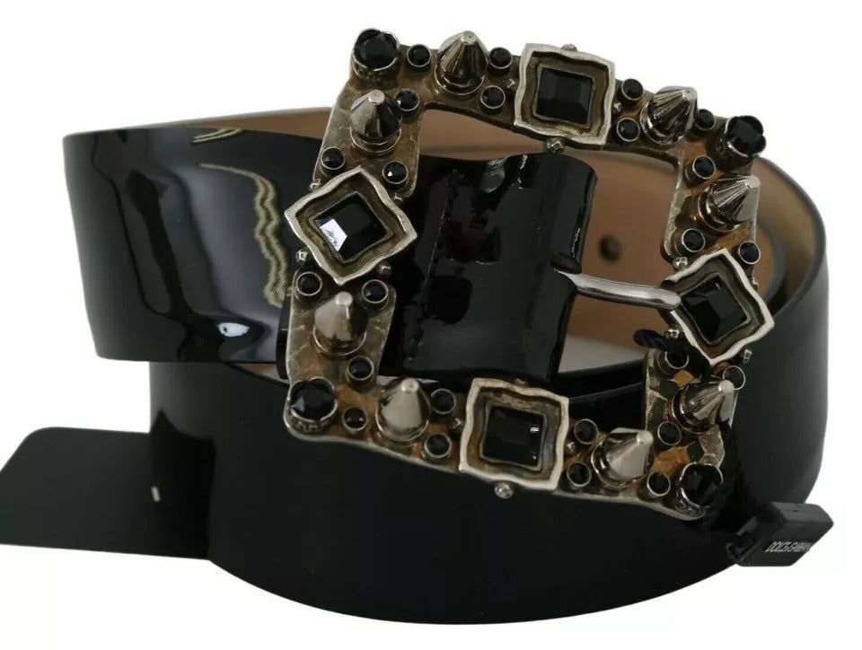 Dolce &amp; Gabbana Black shiny leather belt with crystal logo buckle