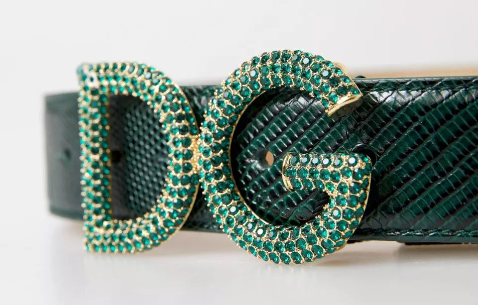 Dolce &amp; Gabbana Green Iguana Leather DG Crystal Gold Buckle Belt