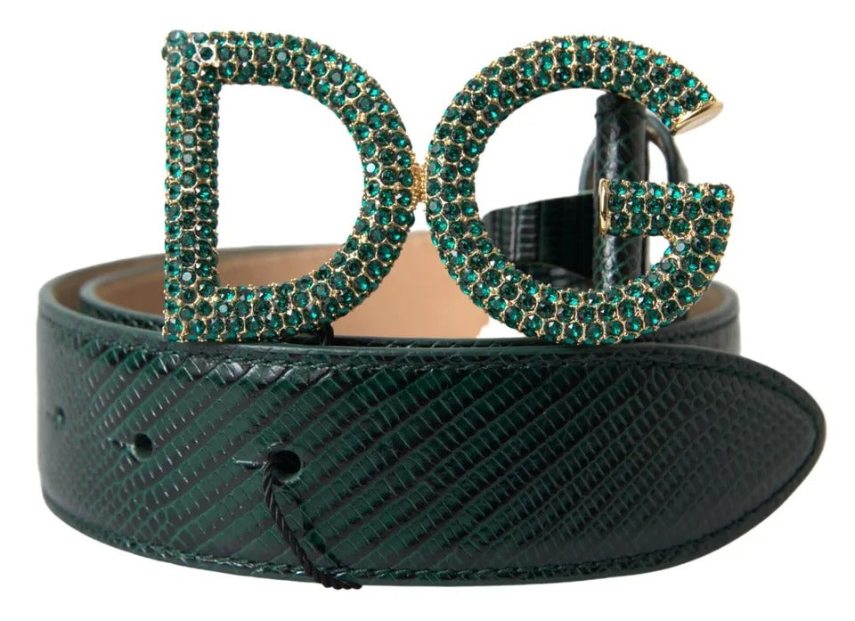 Dolce &amp; Gabbana Green Iguana Leather DG Crystal Gold Buckle Belt