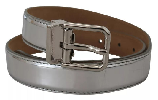 Dolce &amp; Gabbana Silver Leather Belt with Metal Buckle