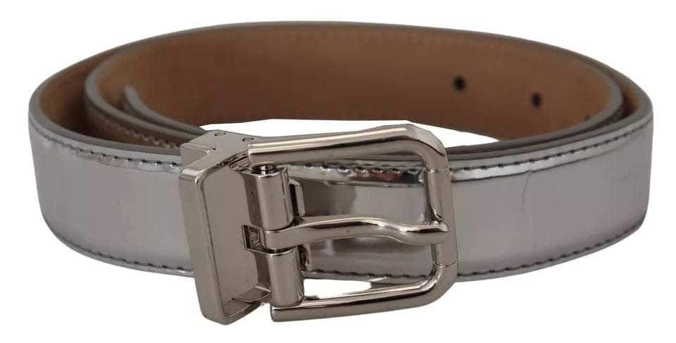 Dolce &amp; Gabbana Silver Leather Belt with Metal Buckle