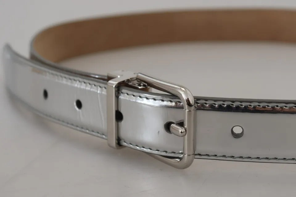 Dolce &amp; Gabbana Silver Leather Belt with Metal Buckle