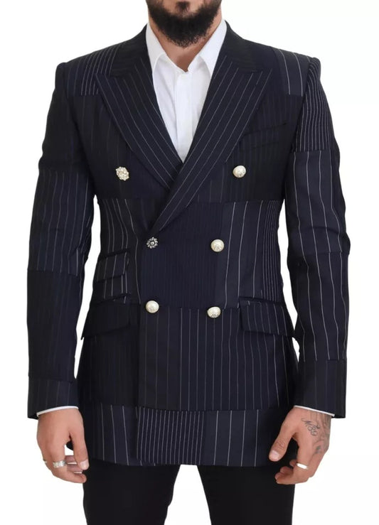 Dolce & Gabbana Blauer Woll-Patchwork-Blazer im Zweireiher