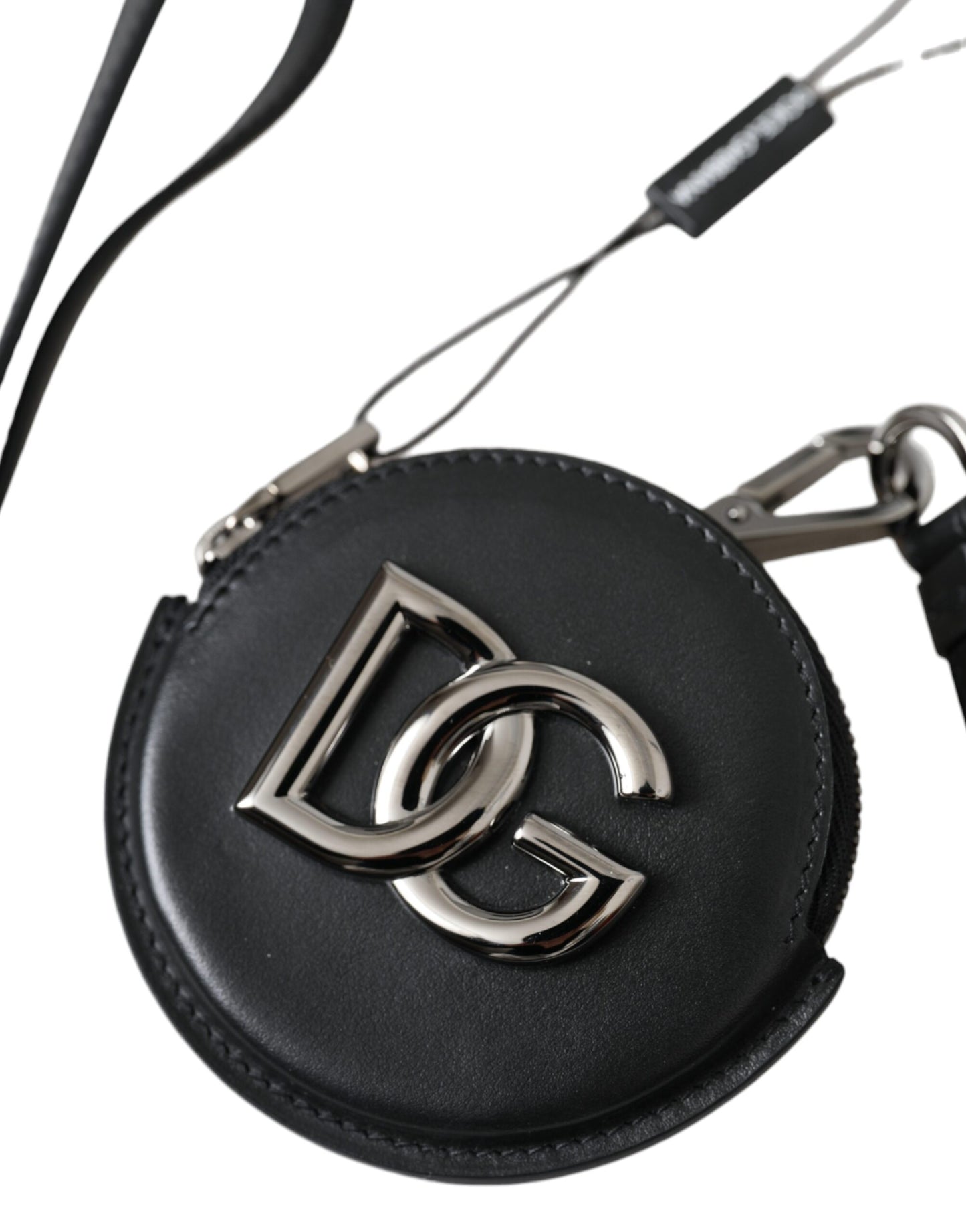 Dolce &amp; Gabbana Black Round Leather DG Logo Coin Purse Lanyard Wallet