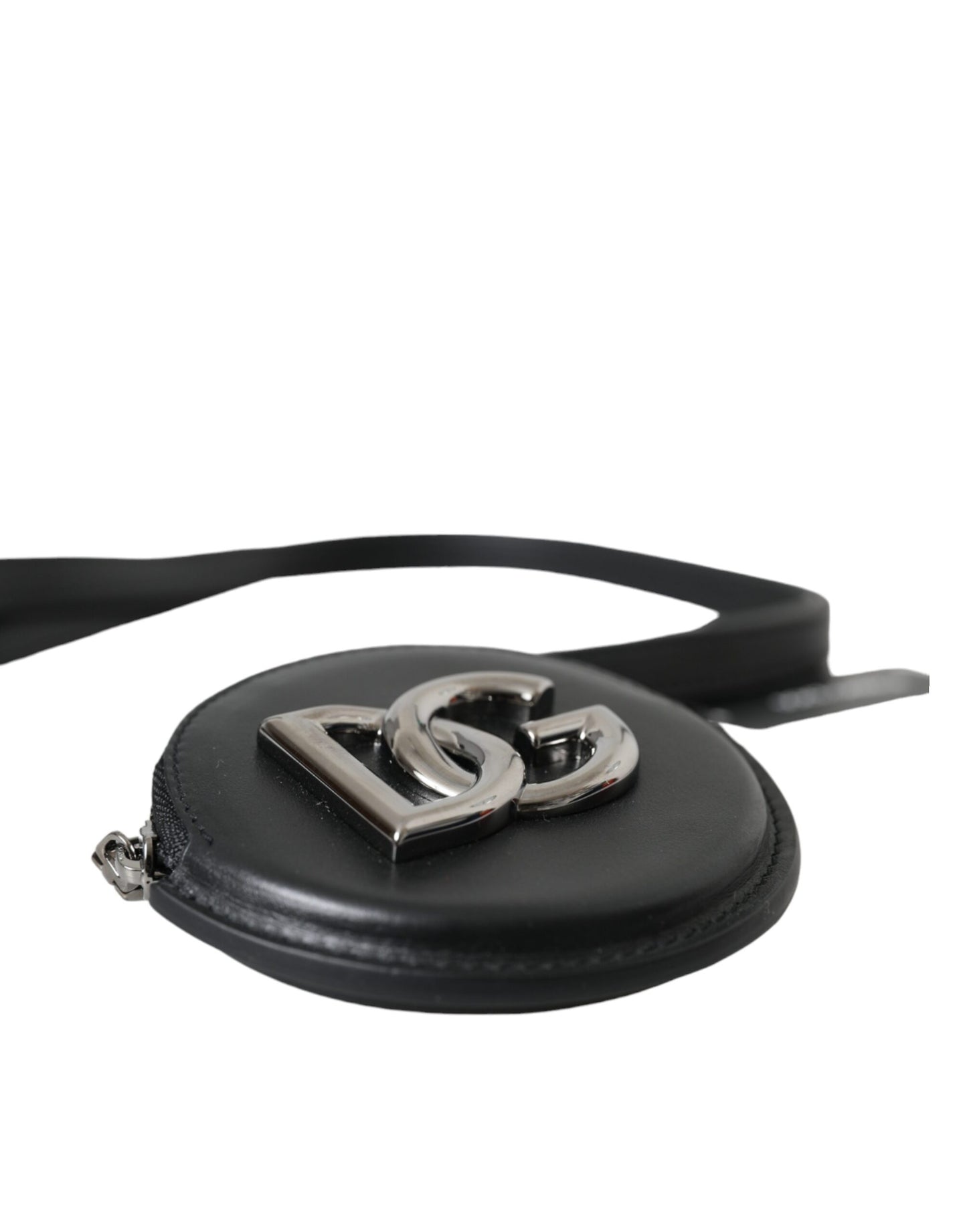 Dolce &amp; Gabbana Black Round Leather DG Logo Coin Purse Lanyard Wallet