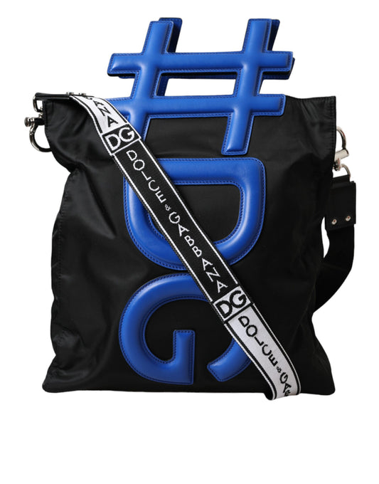 Dolce &amp; Gabbana Black Nylon Blue Leather Hashtag Tote Bag