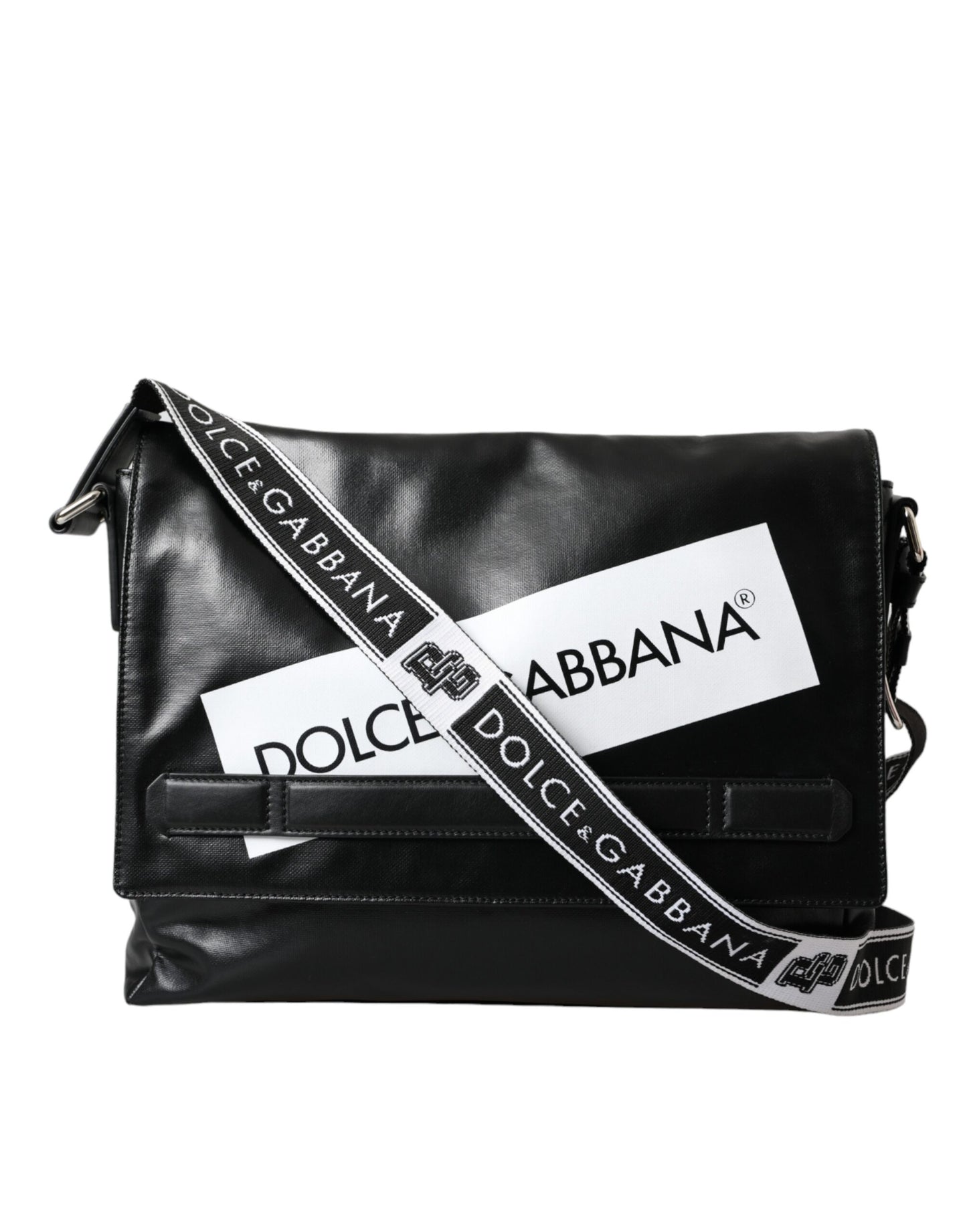 Dolce & Gabbana Messenger Bag aus schwarzem Kalbsleder und beschichtetem Canvas mit Logo-Paneel