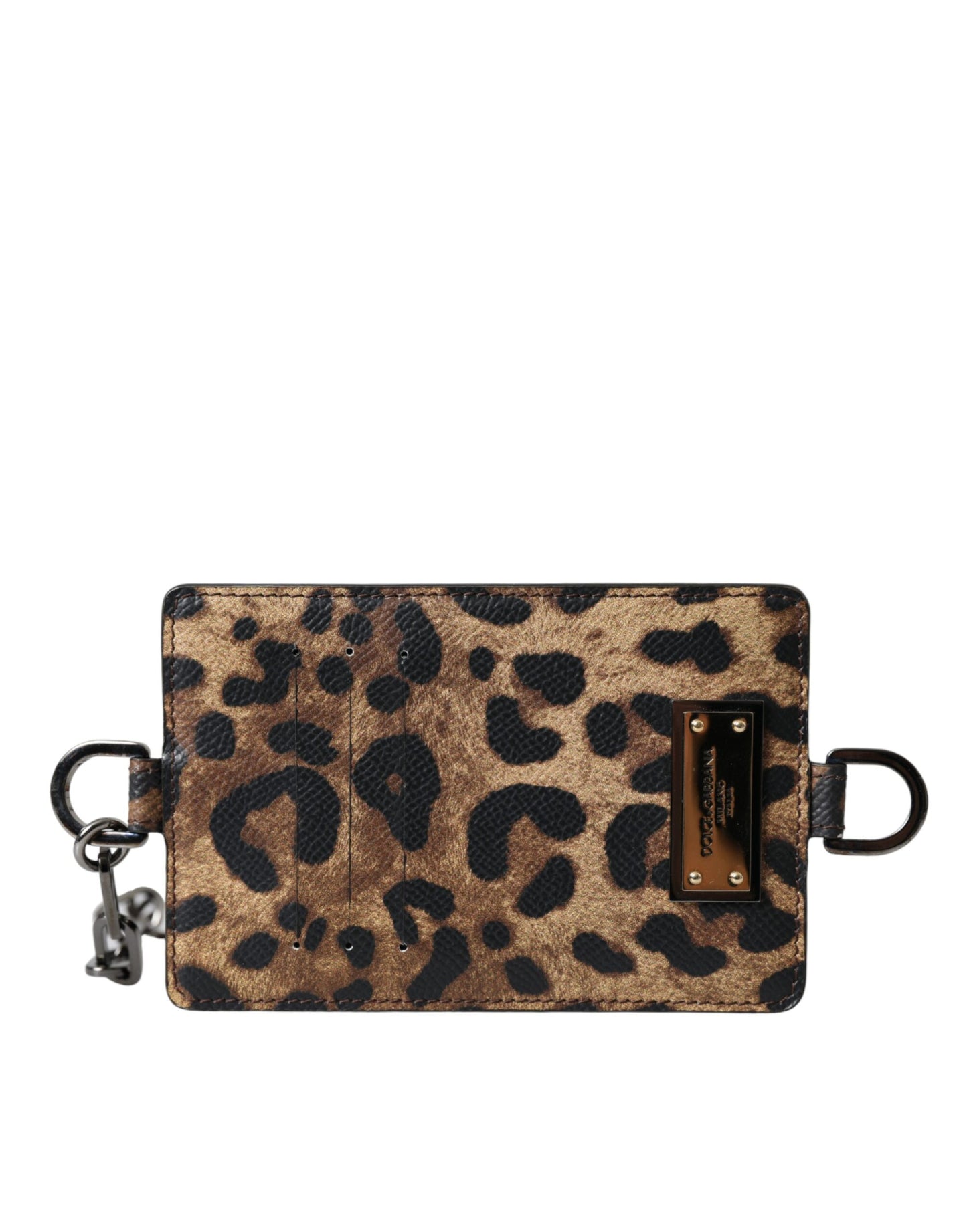 Dolce & Gabbana Braunes Leder Leopardendruck Logo Plaque Karteninhaber Brieftasche