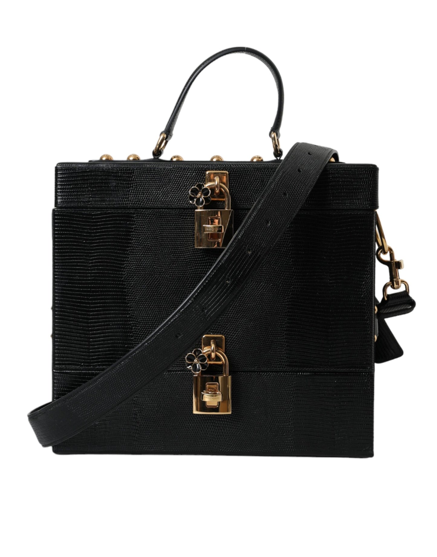 Dolce &amp; Gabbana Black calfskin double box bag with lizard embossing