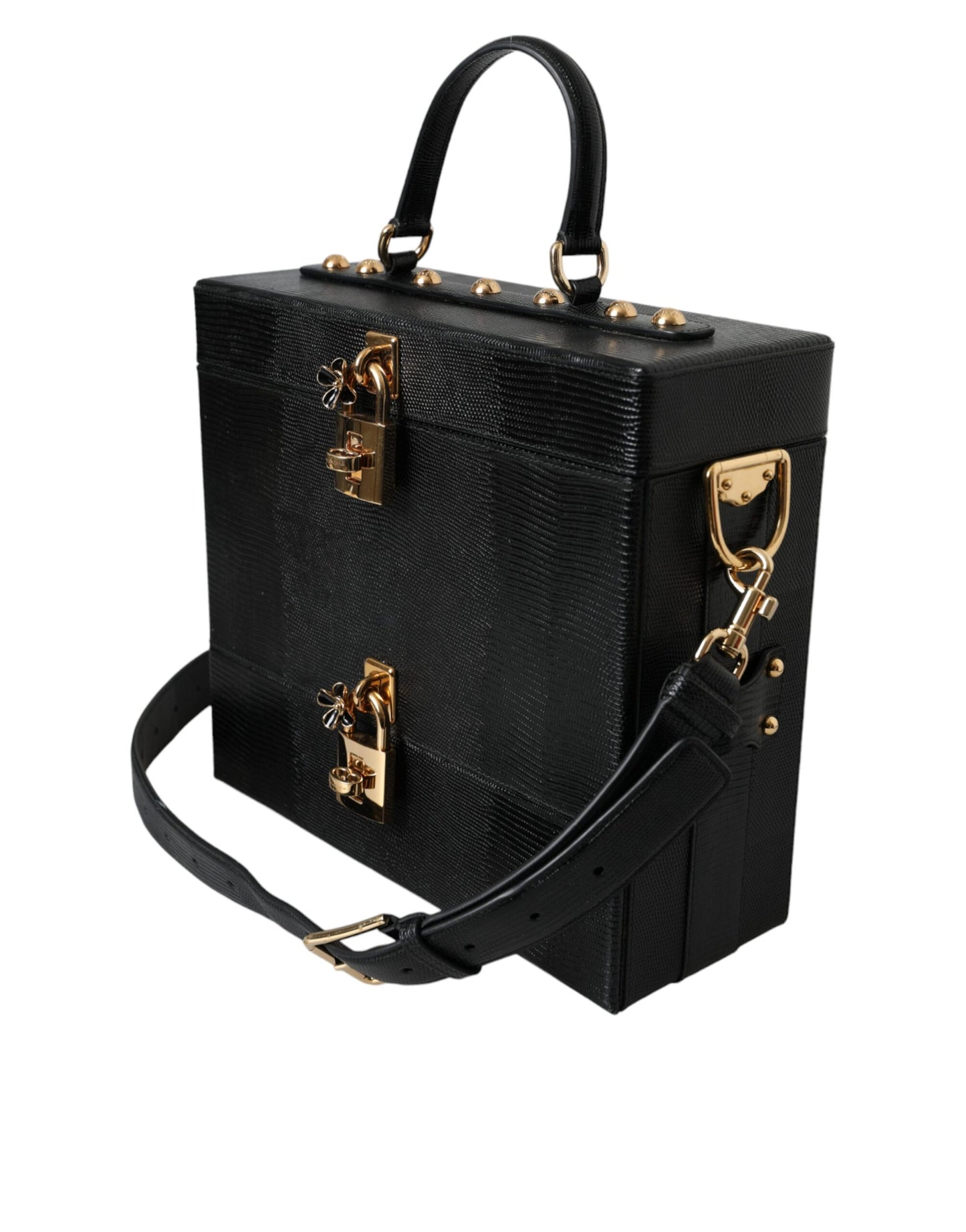 Dolce &amp; Gabbana Black calfskin double box bag with lizard embossing