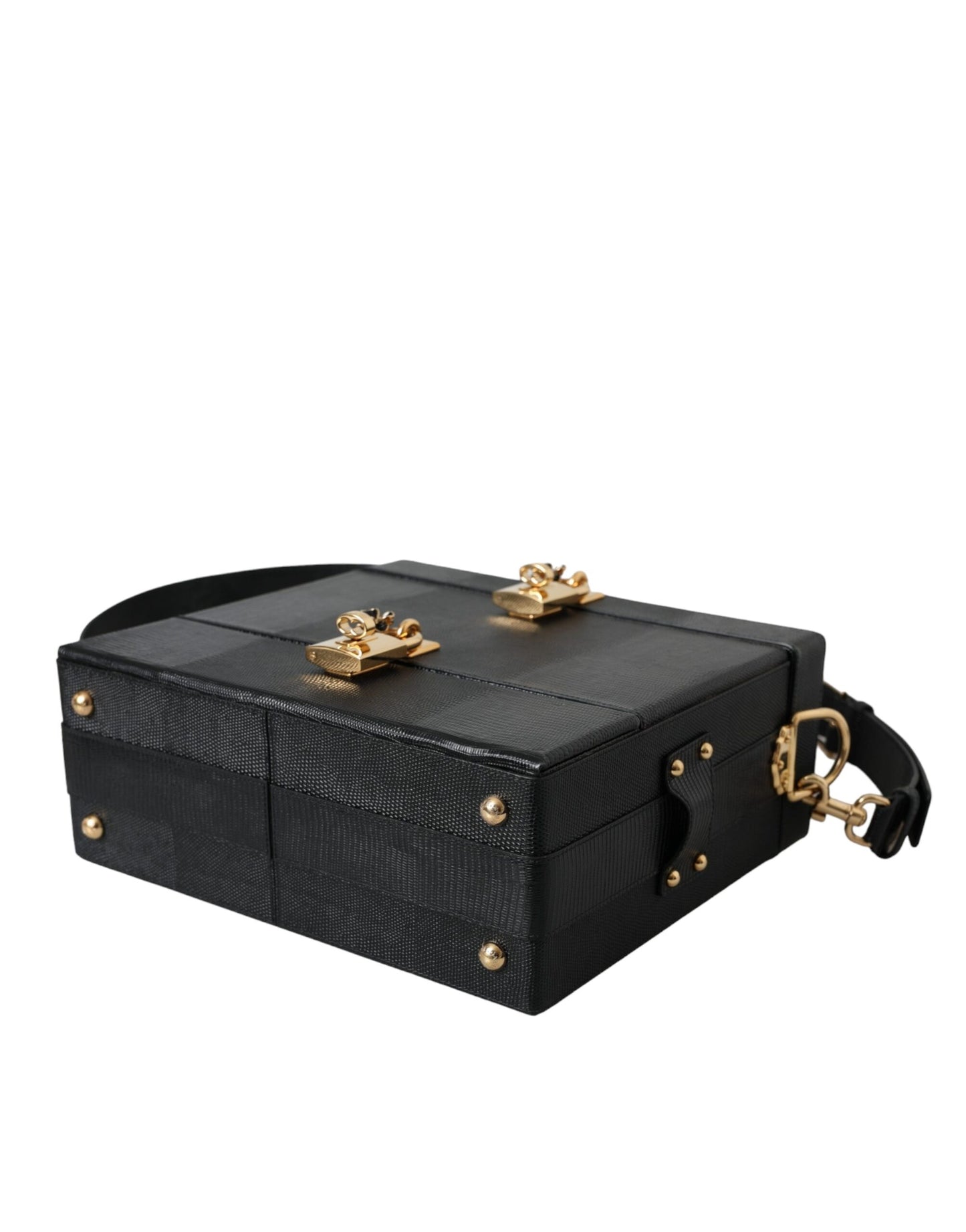 Dolce &amp; Gabbana Black calfskin double box bag with lizard embossing