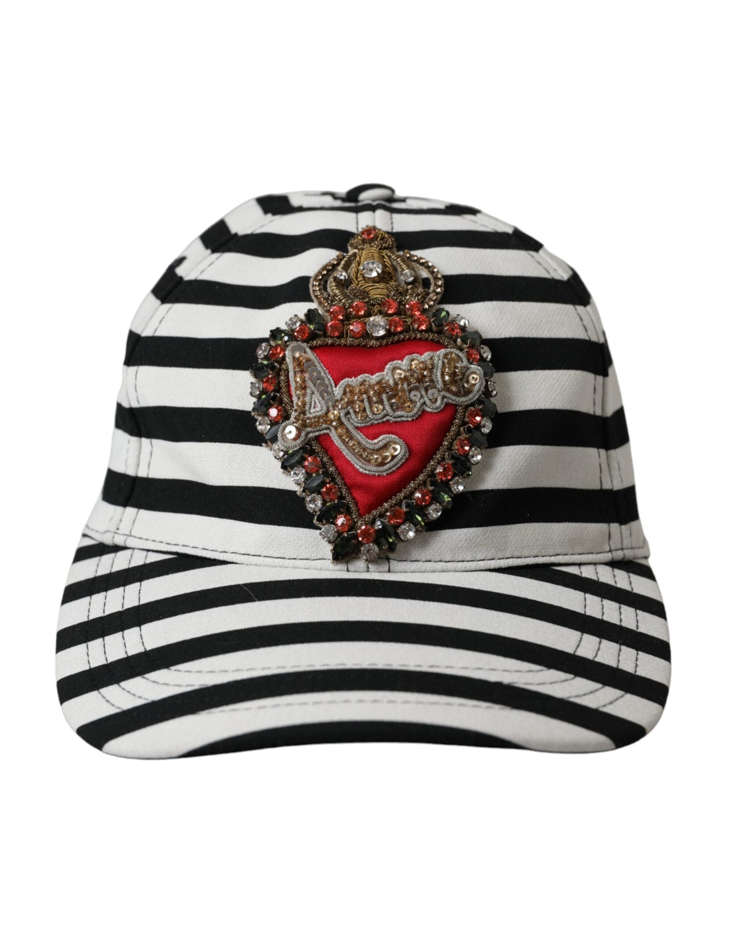 Dolce &amp; Gabbana Black White Stripe Amore Heart Applique Baseball Cap