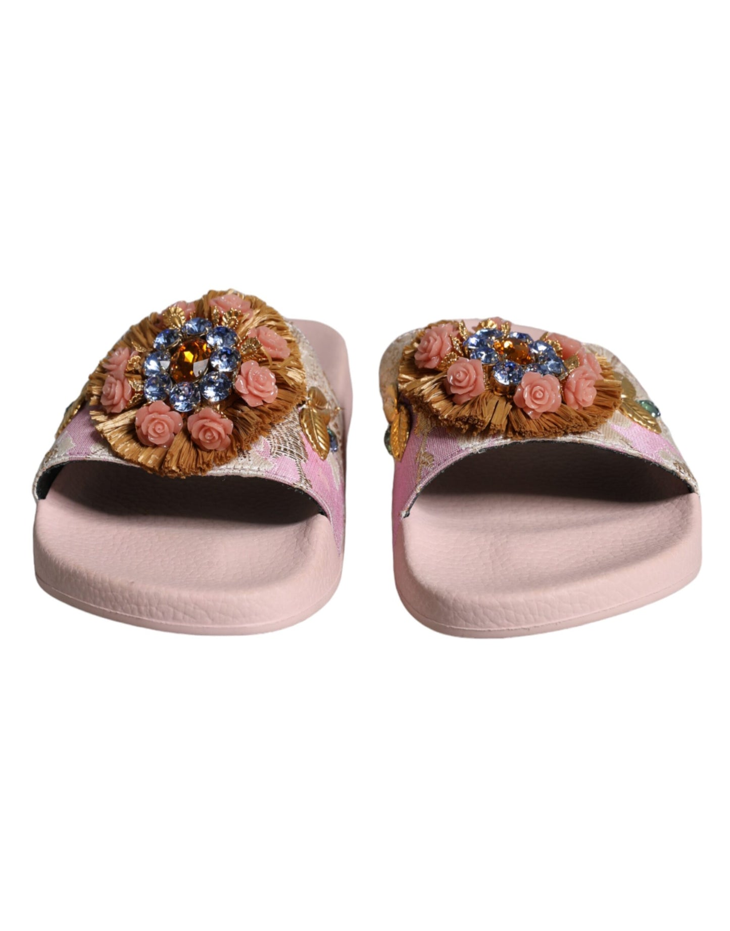 Dolce &amp; Gabbana Pink Brocade Crystal Sandals Mules Beachwear Shoes