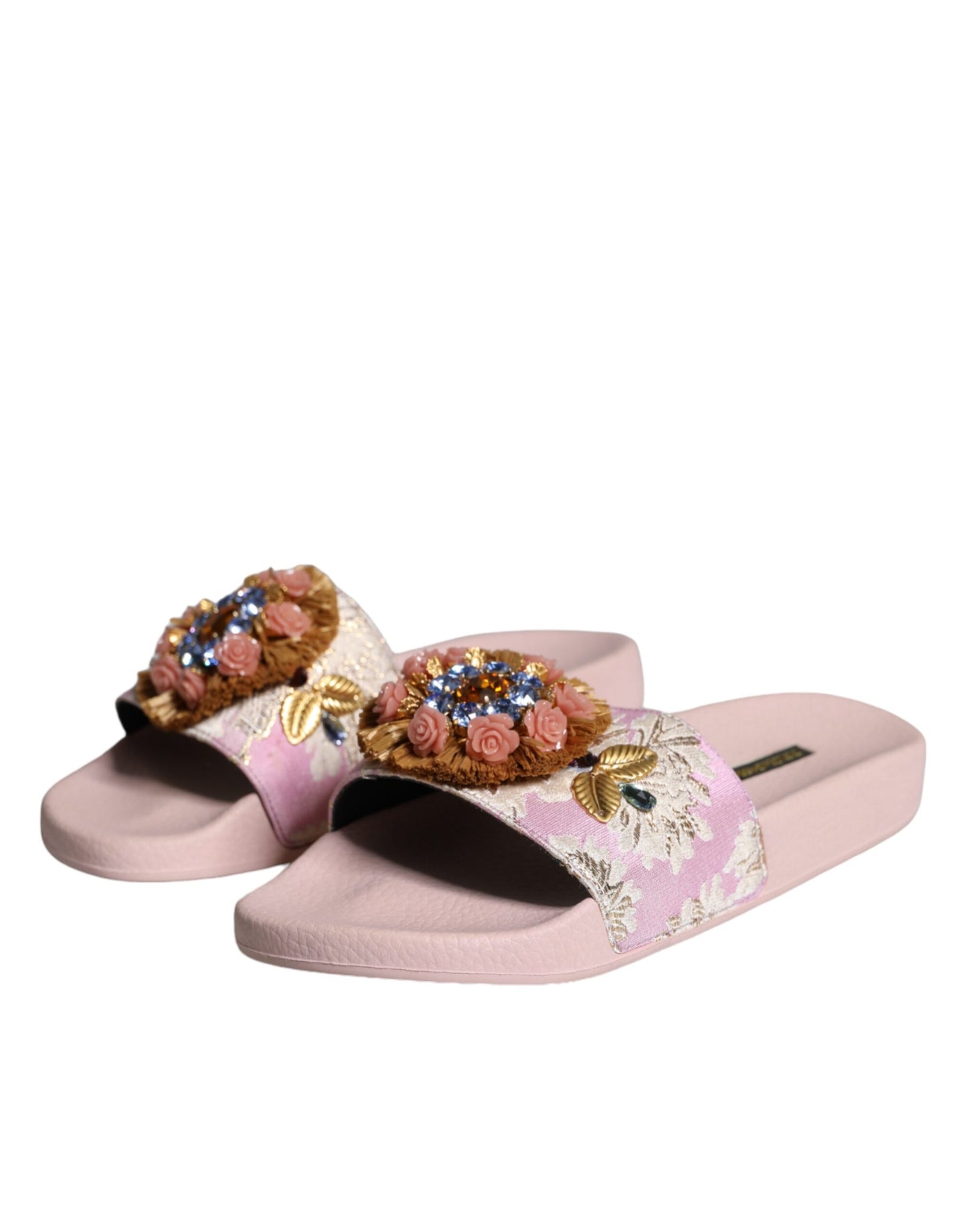 Dolce &amp; Gabbana Pink Brocade Crystal Sandals Mules Beachwear Shoes