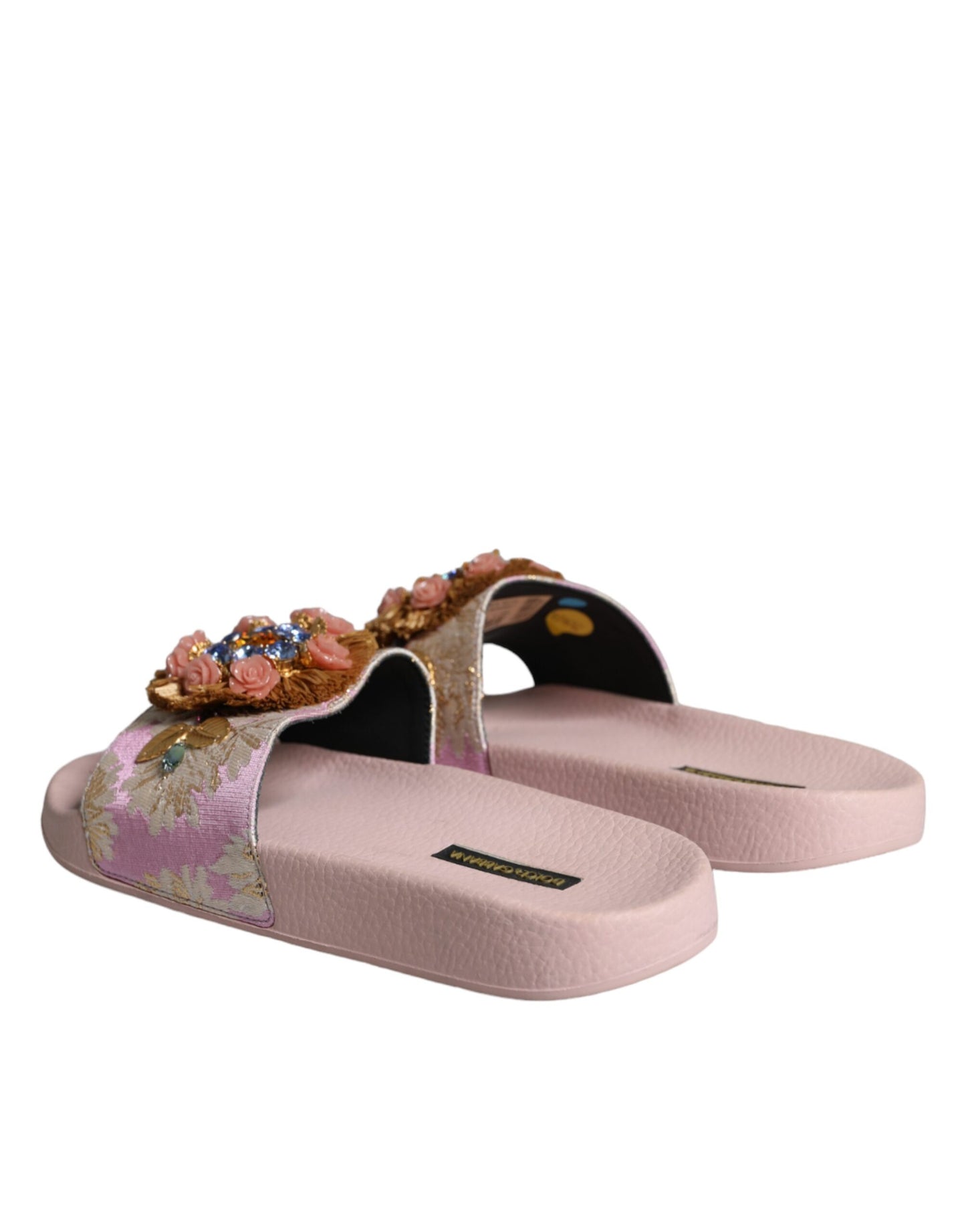 Dolce &amp; Gabbana Pink Brocade Crystal Sandals Mules Beachwear Shoes