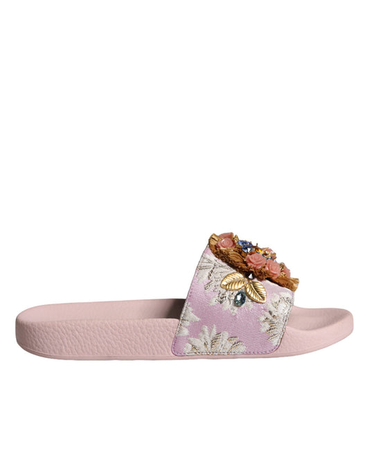 Dolce &amp; Gabbana Pink Brocade Crystal Sandals Mules Beachwear Shoes