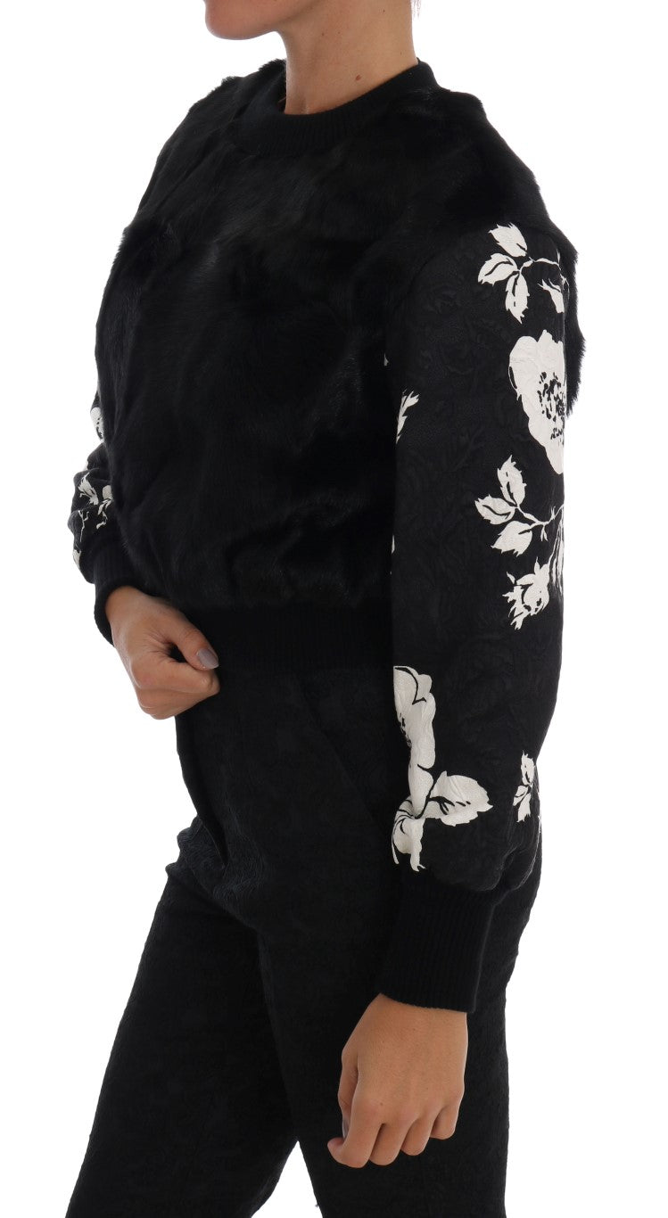 Dolce &amp; Gabbana Black Sweater with Floral Brocade and Fur