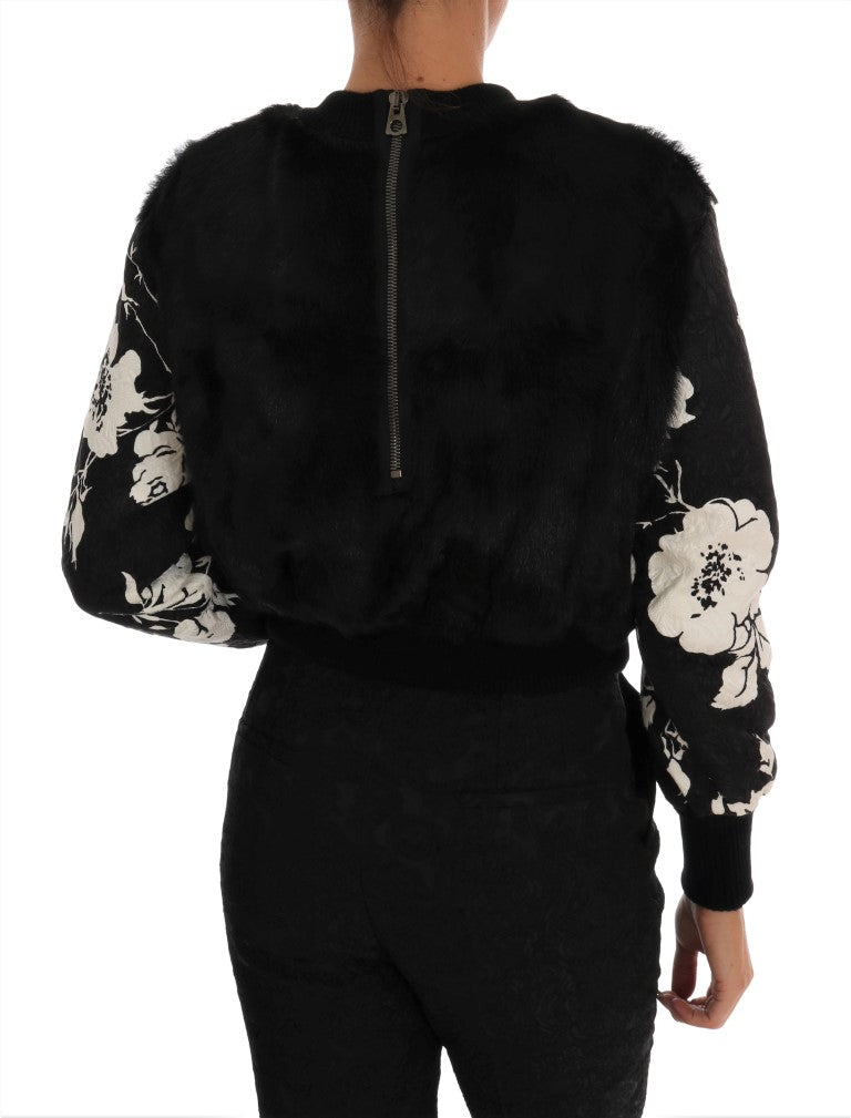 Dolce &amp; Gabbana Black Sweater with Floral Brocade and Fur