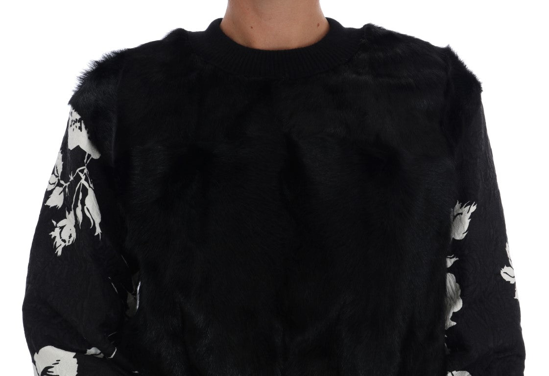 Dolce &amp; Gabbana Black Sweater with Floral Brocade and Fur