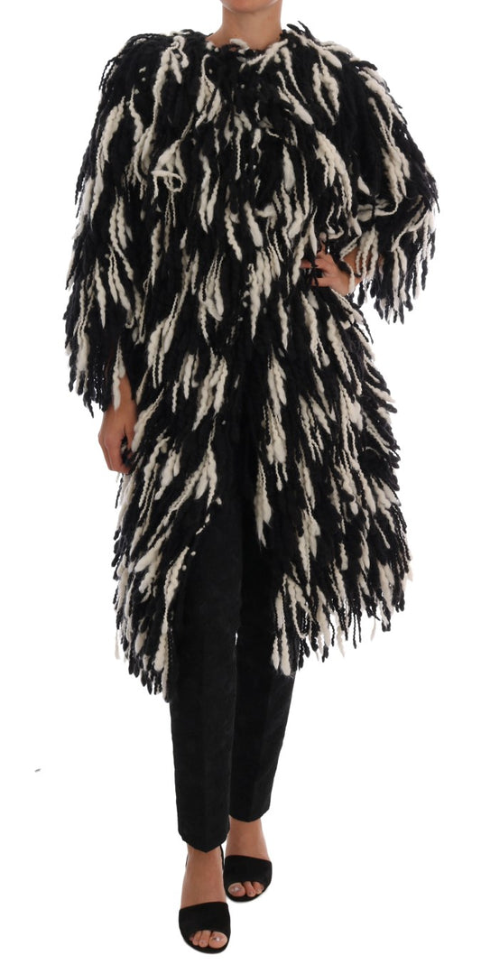 Dolce &amp; Gabbana Black and white wool coat with fringes