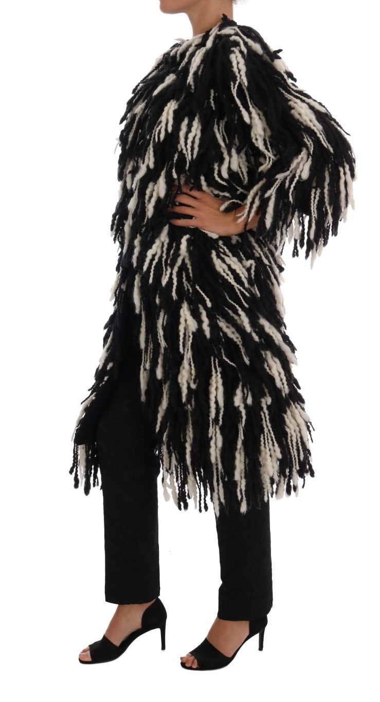 Dolce &amp; Gabbana Black and white wool coat with fringes