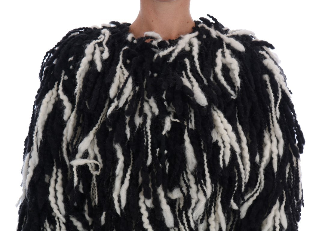 Dolce &amp; Gabbana Black and white wool coat with fringes