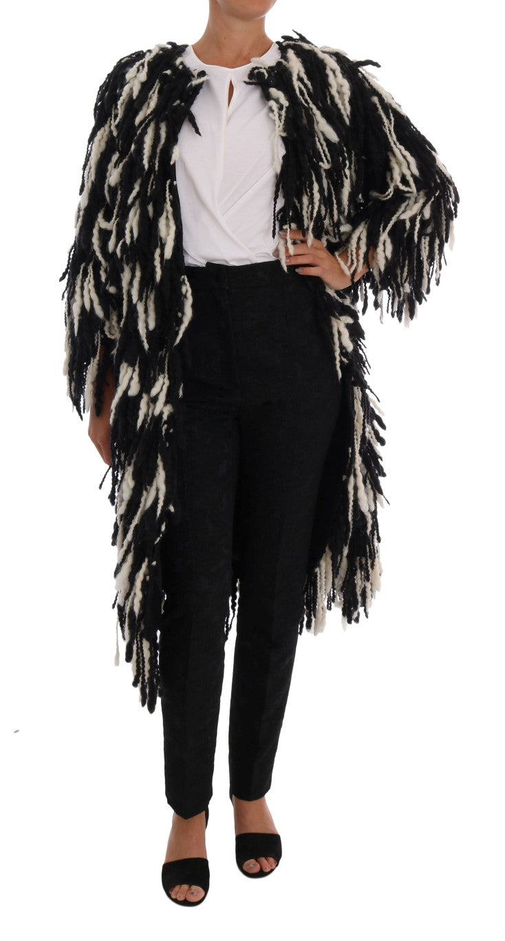 Dolce &amp; Gabbana Black and white wool coat with fringes