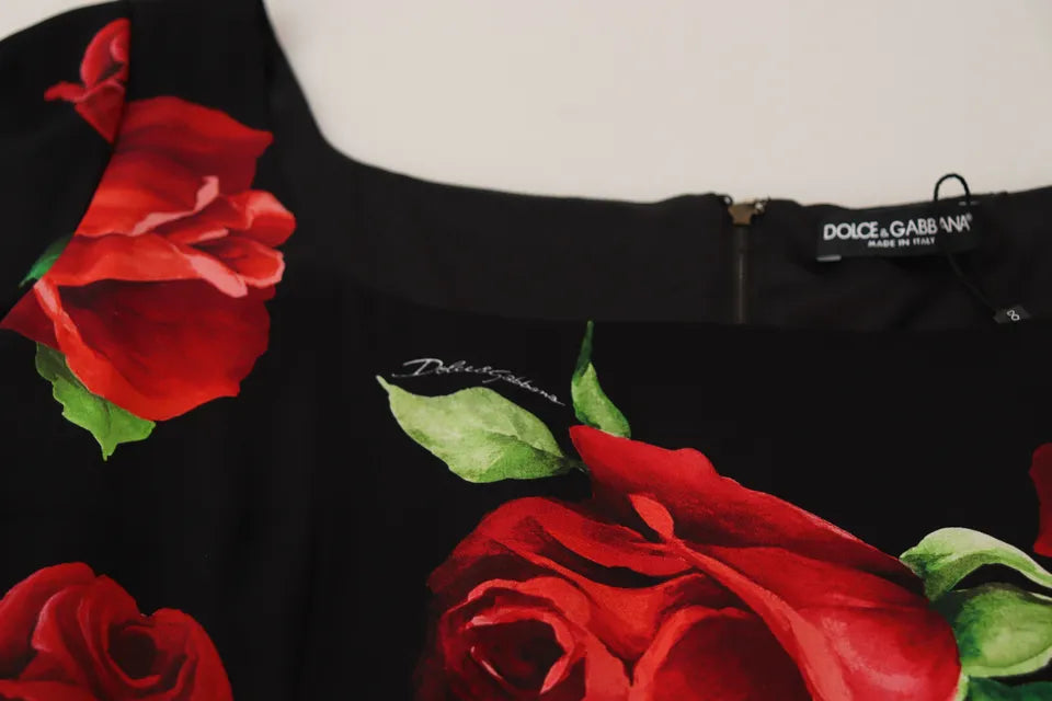 Dolce &amp; Gabbana Black and Red Roses Stretch Silk Shift Dress