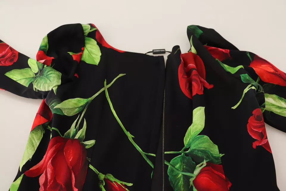 Dolce &amp; Gabbana Black and Red Roses Stretch Silk Shift Dress