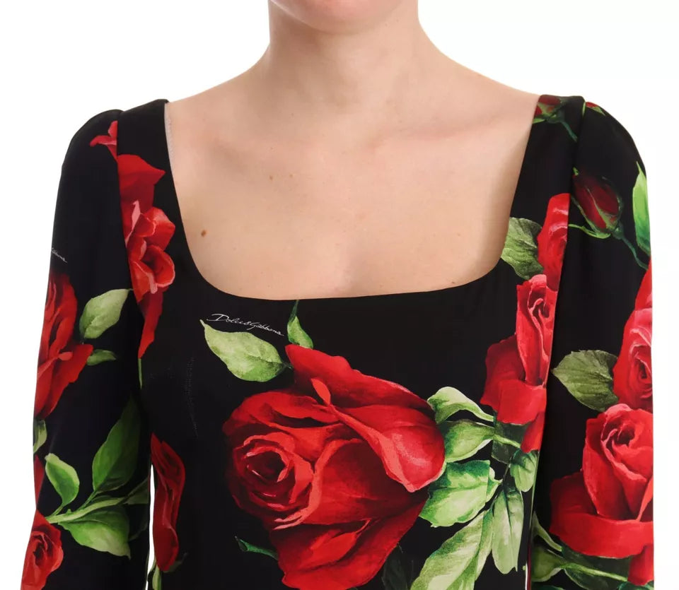 Dolce &amp; Gabbana Black and Red Roses Stretch Silk Shift Dress