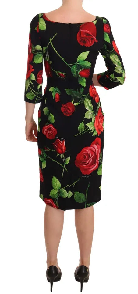 Dolce &amp; Gabbana Black and Red Roses Stretch Silk Shift Dress